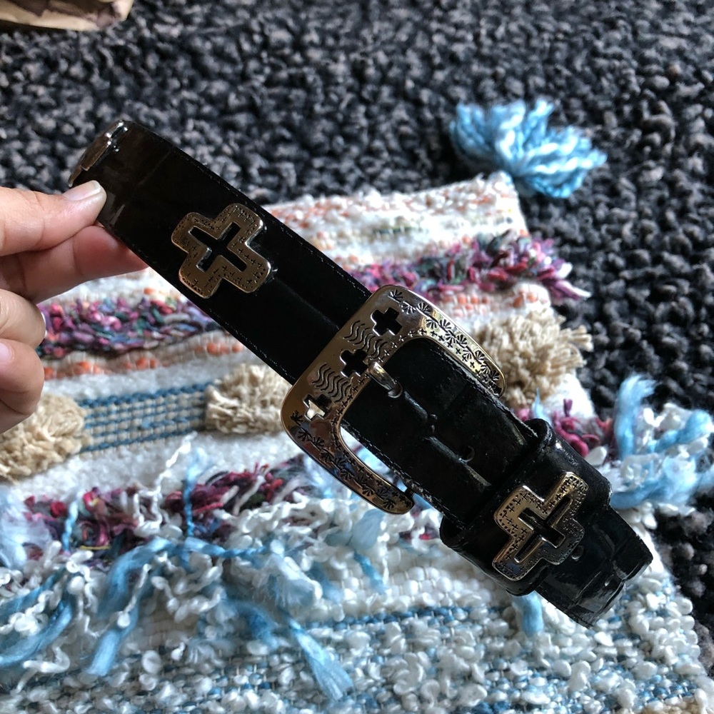Genuine bonded leather belt tooled silver crosses